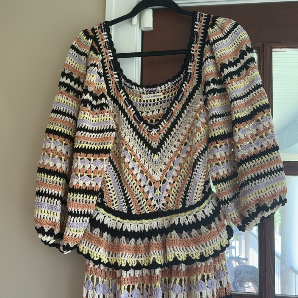 $895 Ulla Johnson Delfina Striped Crochet Cotton Tiered Maxi Dress Ecru Medium - Picture 6 of 11